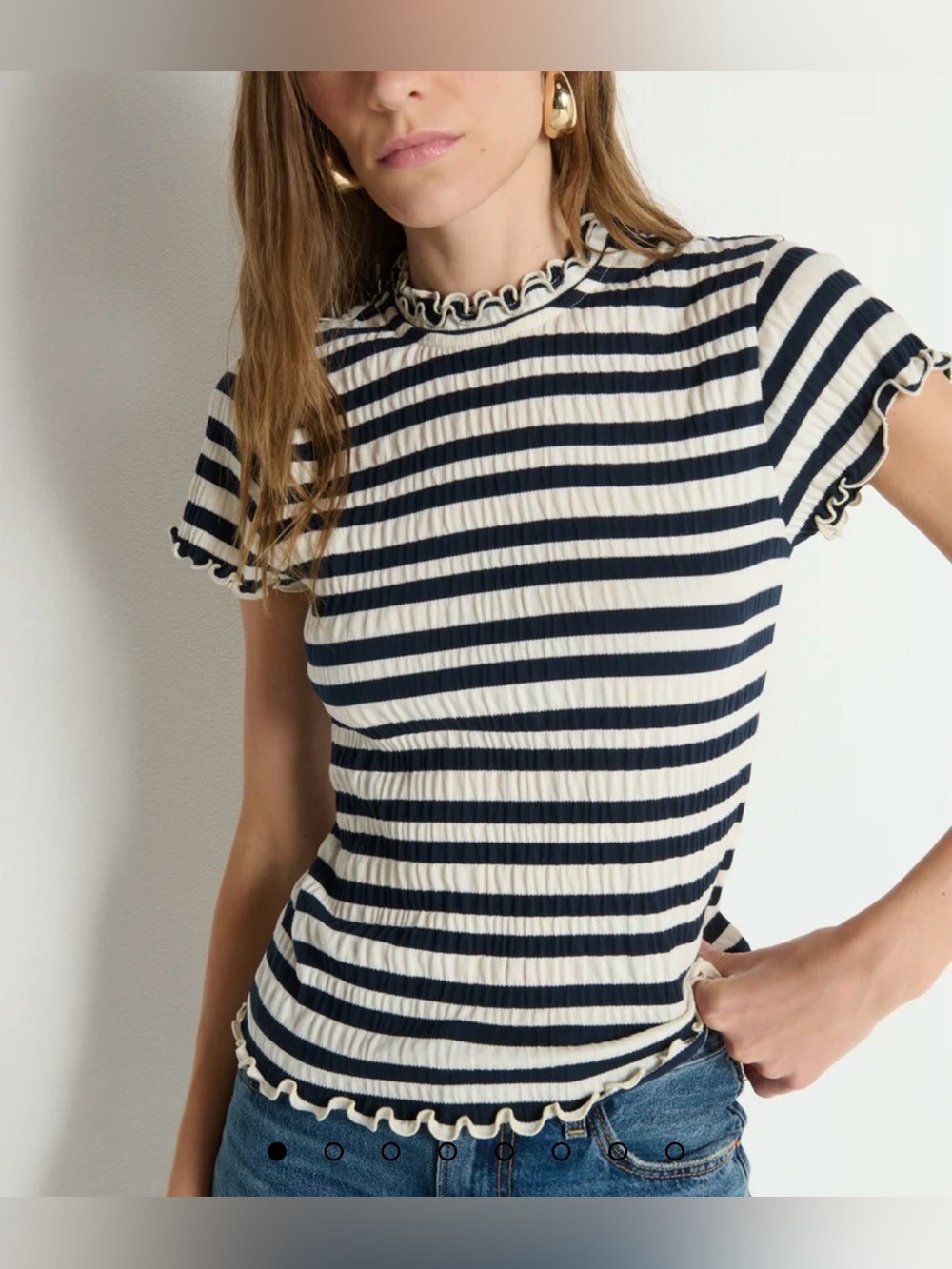 Nation LA Natalia Navy and Cream Striped Ruffle-Trim Short Sleeve Top